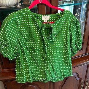kate spade Green Printed Tie-Neck Puff Sleeve Blouse
